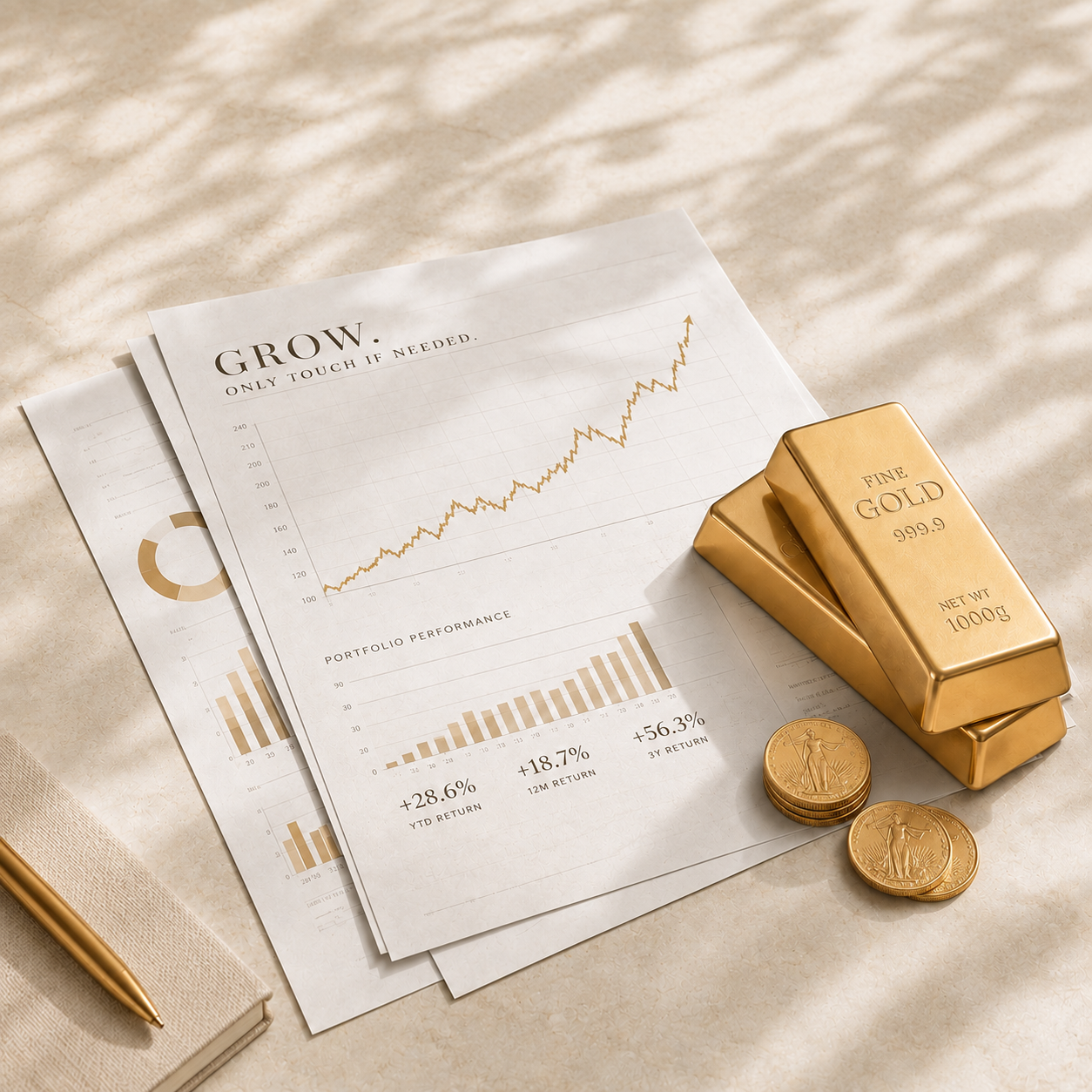 Gold bars and investment papers